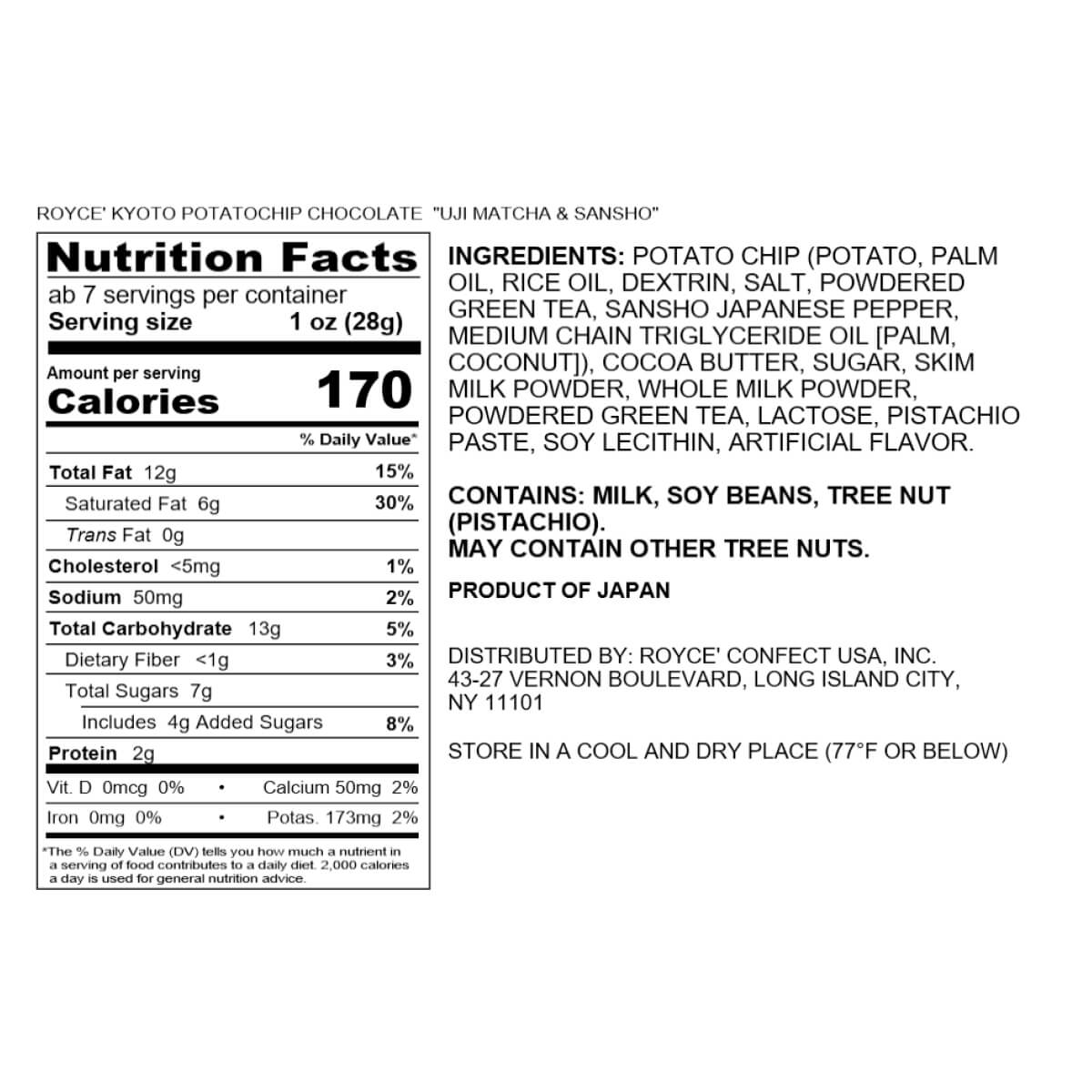 ROYCE' Kyoto Potatochip Chocolate Uji Matcha & Sansho label showing nutritional facts and ingredients, highlighting matcha-flavored crinkle-cut chips with a sweet, spicy, and citrus aroma.