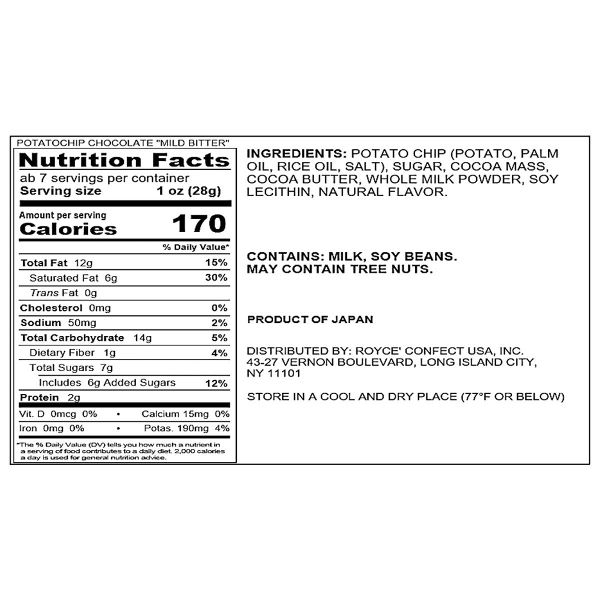 ROYCE' Chocolate - ROYCE' Dark Chocolate Collection - Potatochip Chocolate "Mild Bitter" - Nutrition Facts
