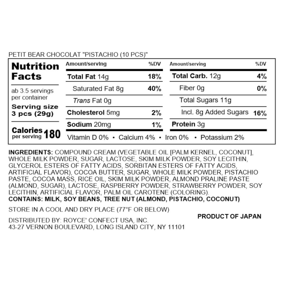 ROYCE' Chocolate - Petit Bear Chocolat "Pistachio (10 Pcs)" - Nutrition Facts