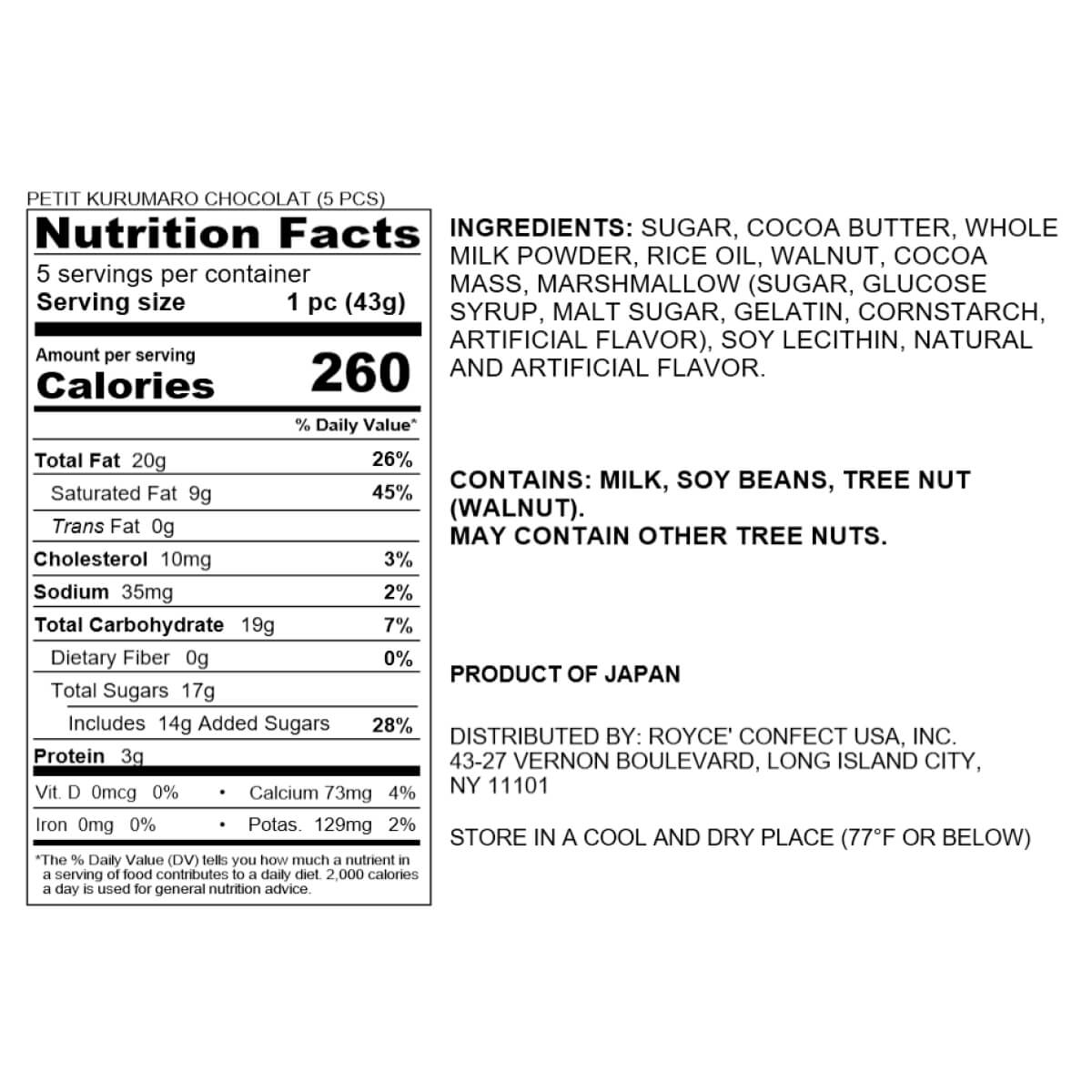 ROYCE' Chocolate - Petit Kurumaro Chocolat (5 Pcs) - Nutrition Facts