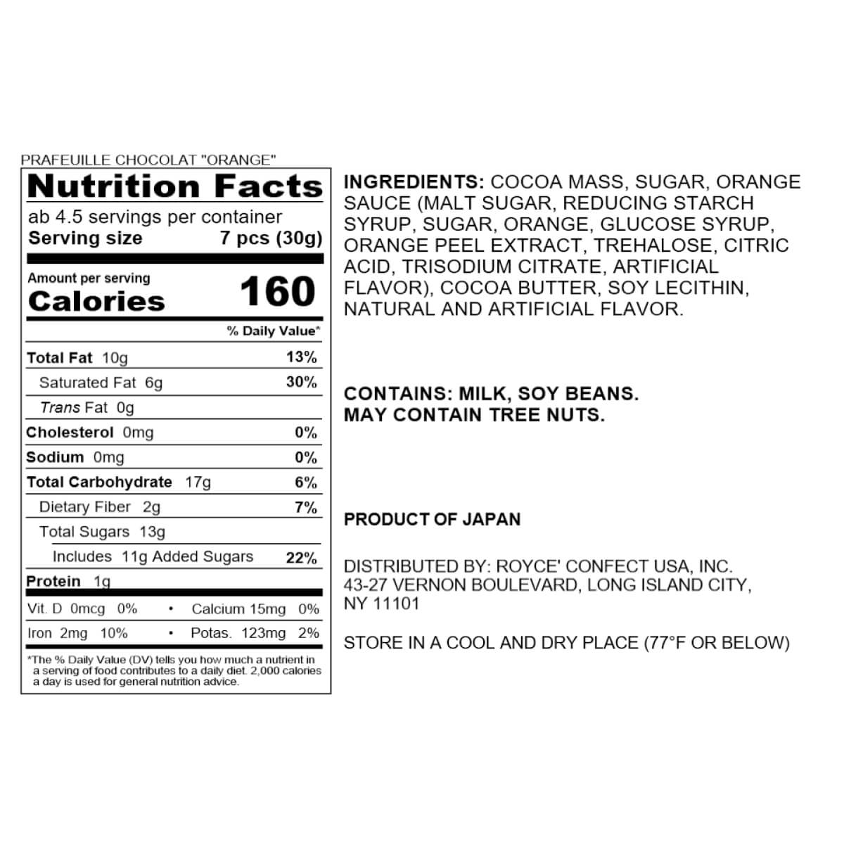 Prafeuille Chocolat Orange package showing nutrition facts and ingredients for Japanese orange-flavored chocolate truffles by Royce, highlighting calories, serving size, and allergens.