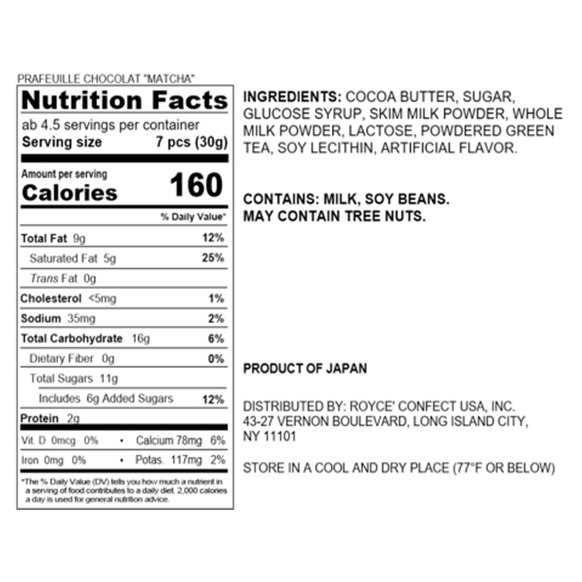 ROYCE' Chocolate - ROYCE' Matcha Collection - Prafeuille Chocolat "Matcha" - Nutrition Facts