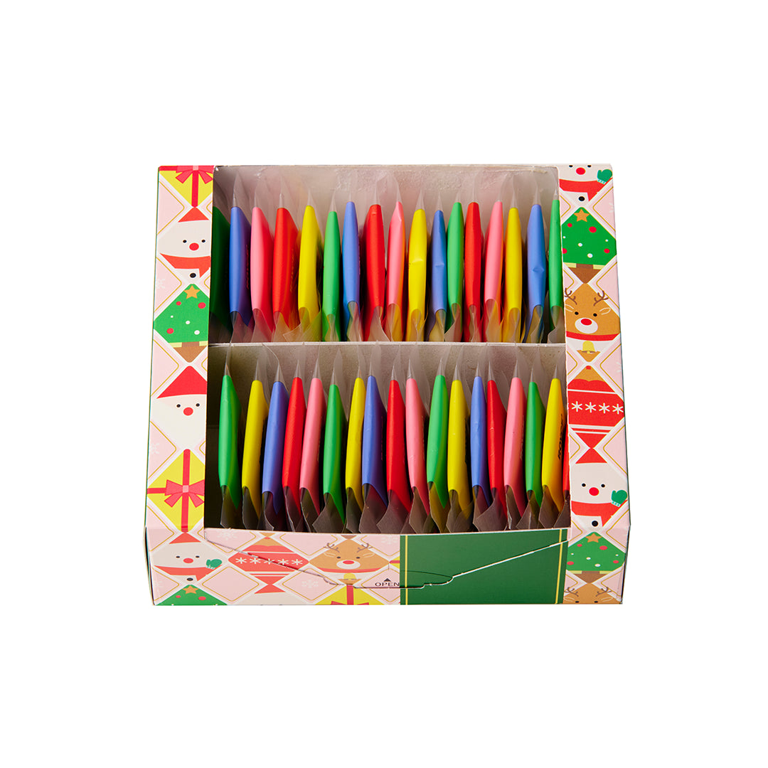 Pure Chocolate Christmas set in a festive box with Santa motifs, containing colorful, individually wrapped stick-shaped chocolates in milk and creamy white varieties.