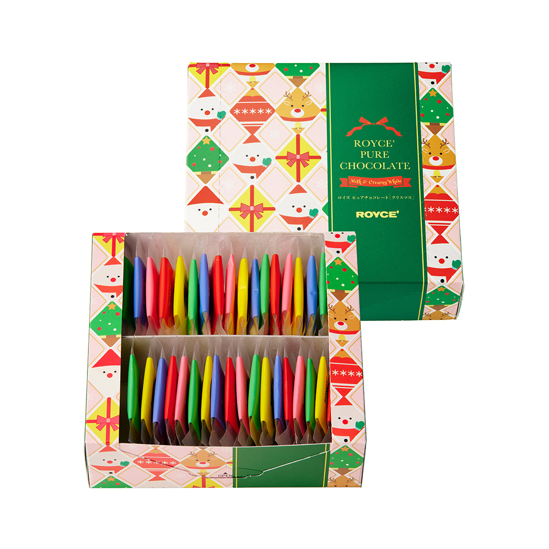 Festive ROYCE’ Pure Chocolate Christmas box with two tiers of colorful wrapped chocolate sticks, featuring Santa and reindeer, includes 20 milk and 20 creamy white chocolates.