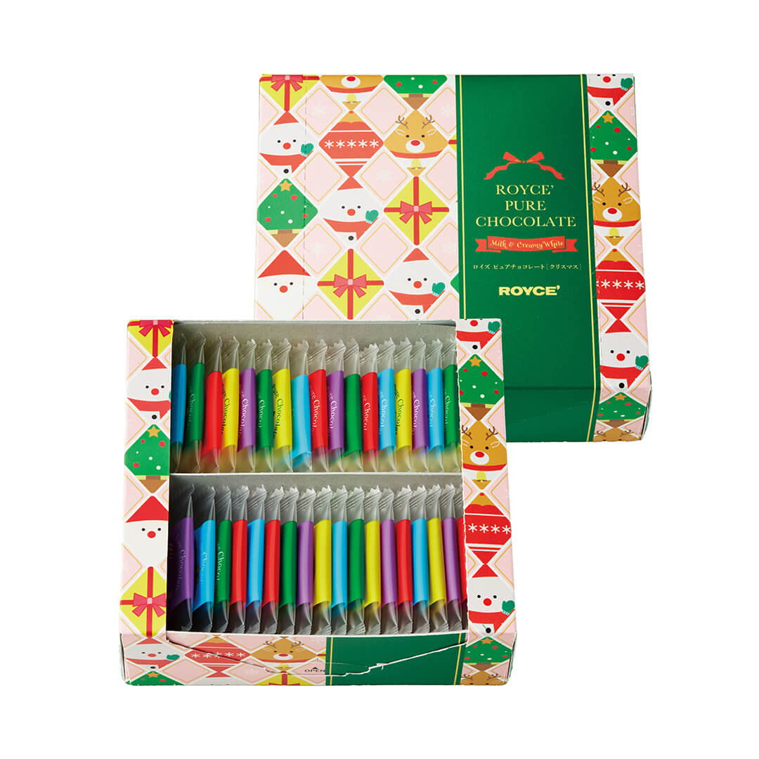 ROYCE' Chocolate - Pure Chocolate Christmas - Printed box of ROYCE' Pure Chocolate with colorful individually-wrapped chocolate discs. Background is in white.
