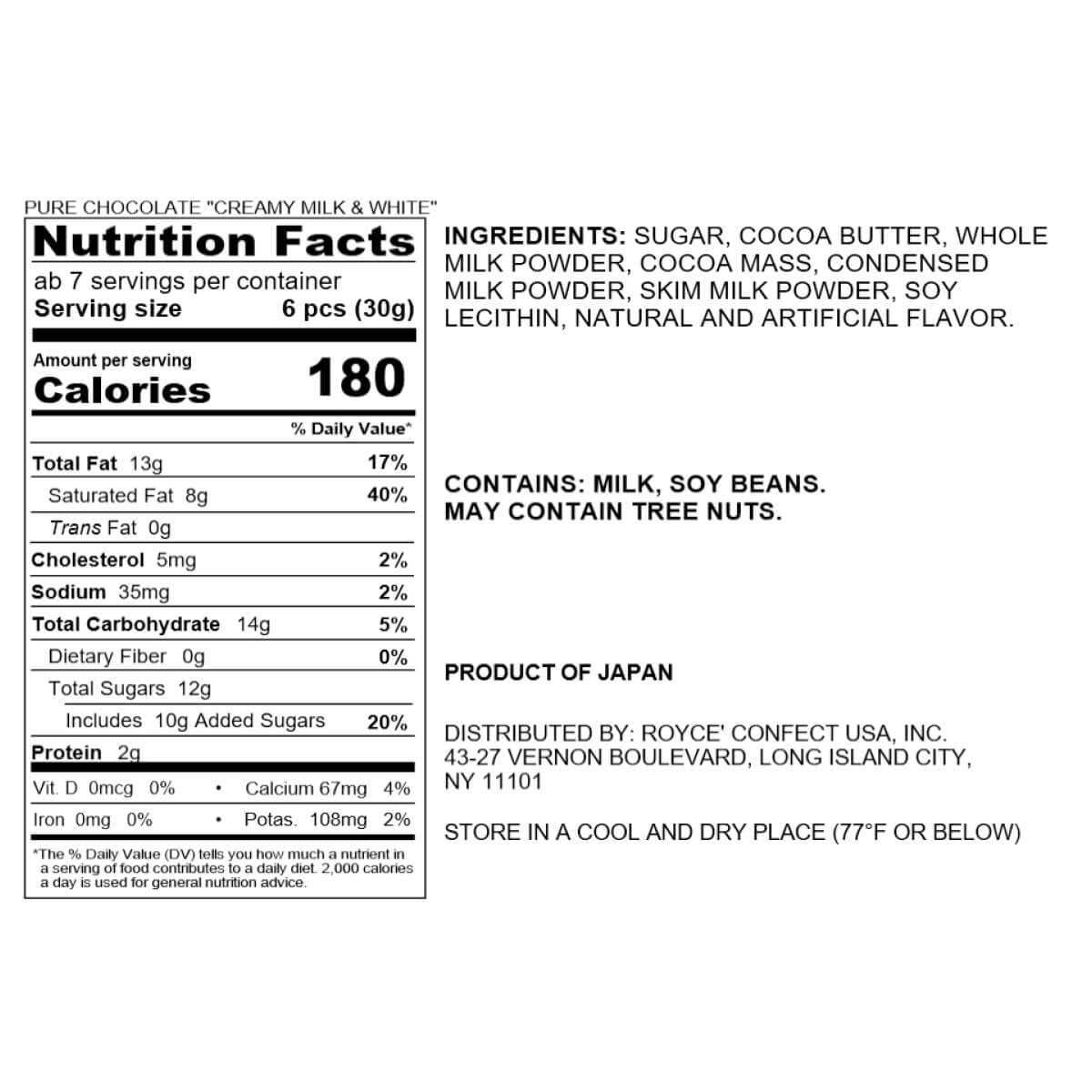 ROYCE' Chocolate - Pure Chocolate "Creamy Milk & White" - Nutrition Facts