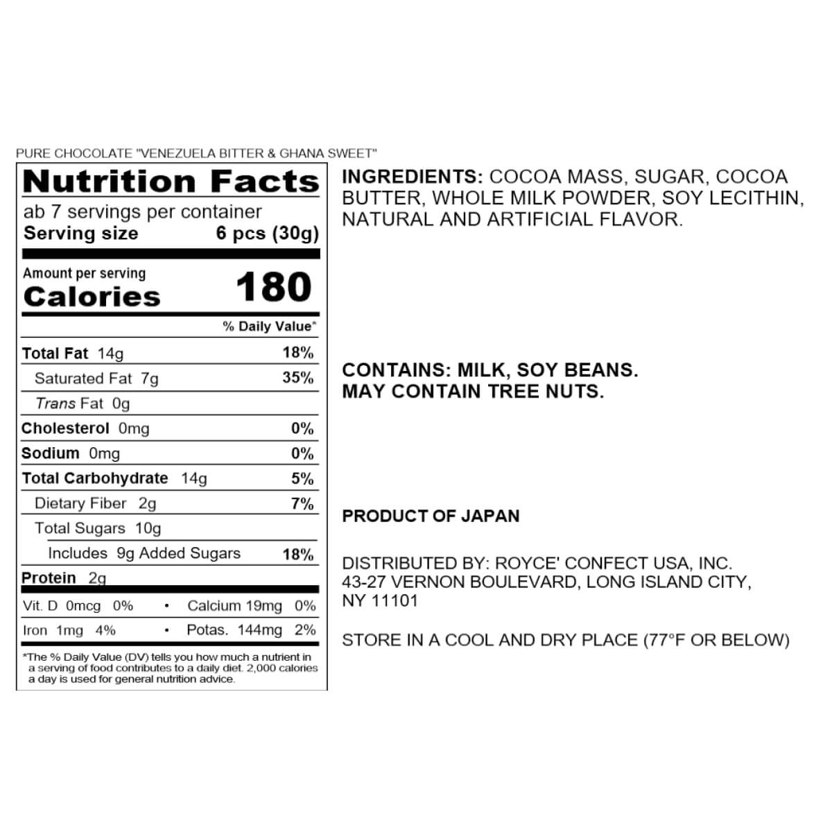 ROYCE' Chocolate - Pure Chocolate "Venezuela Bitter & Ghana Sweet" - Nutrition Facts