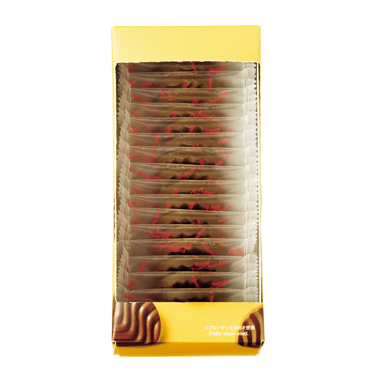 ROYCE' Chocolate - Pure Chocolate "Fruity Milk" - Pack of chocolate discs with a yellow box on a white background