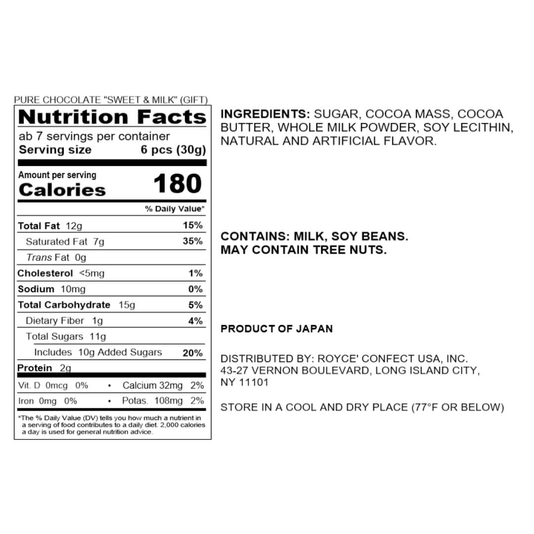 ROYCE' Chocolate - Pure Chocolate "Sweet & Milk" (Gift) - Nutrition Facts