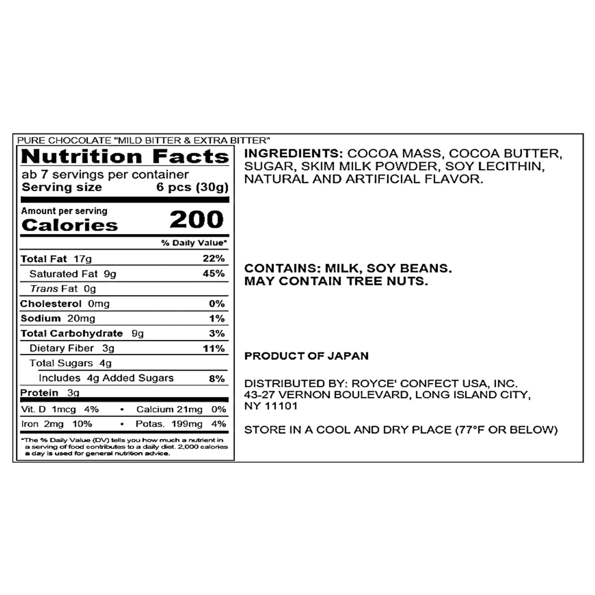 ROYCE' Chocolate - ROYCE' Dark Chocolate Collection - Pure Chocolate "Mild Bitter & Extra Bitter" - Nutrition Facts