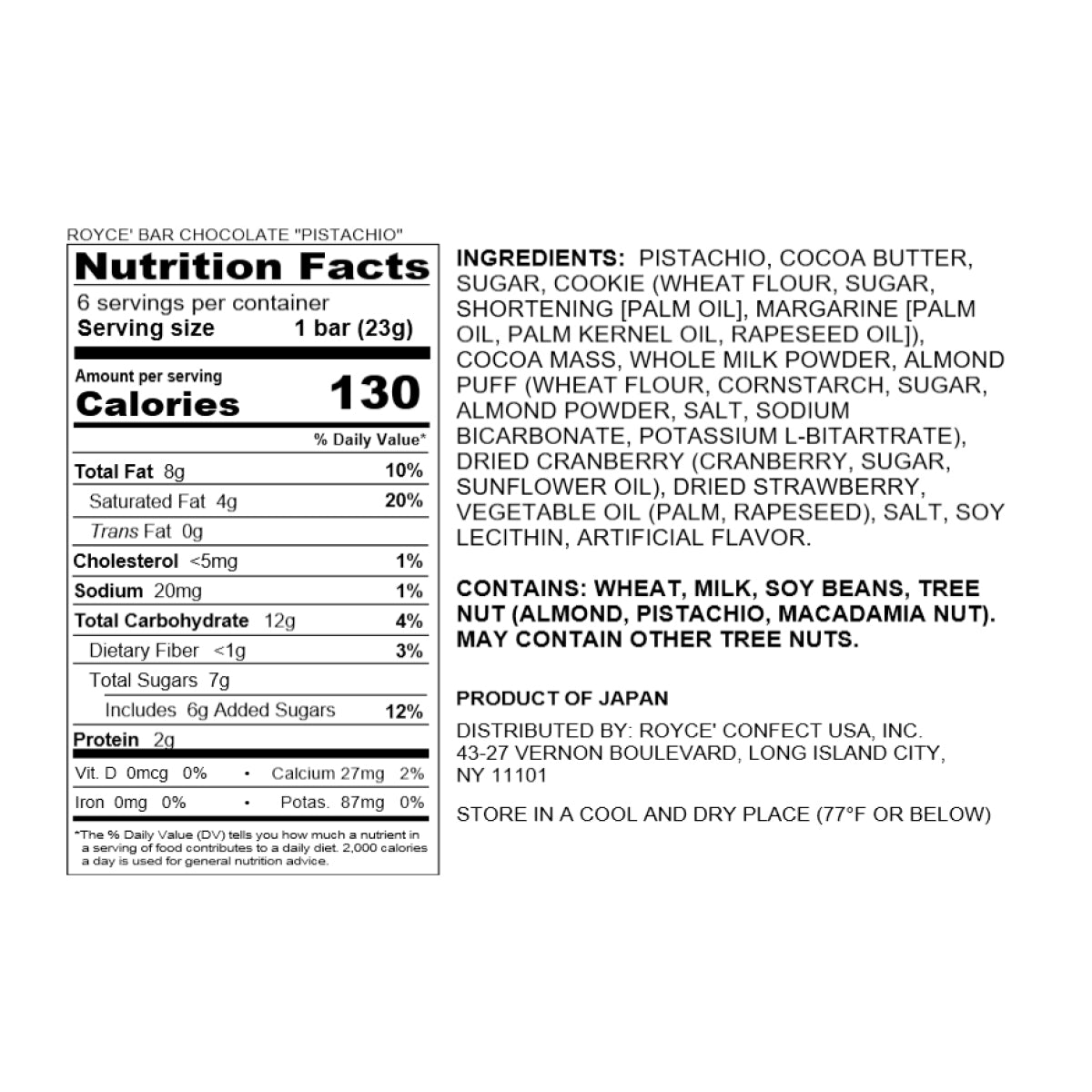 ROYCE' Chocolate - ROYCE' Bar Chocolate "Pistachio" - Nutrition Facts 2026