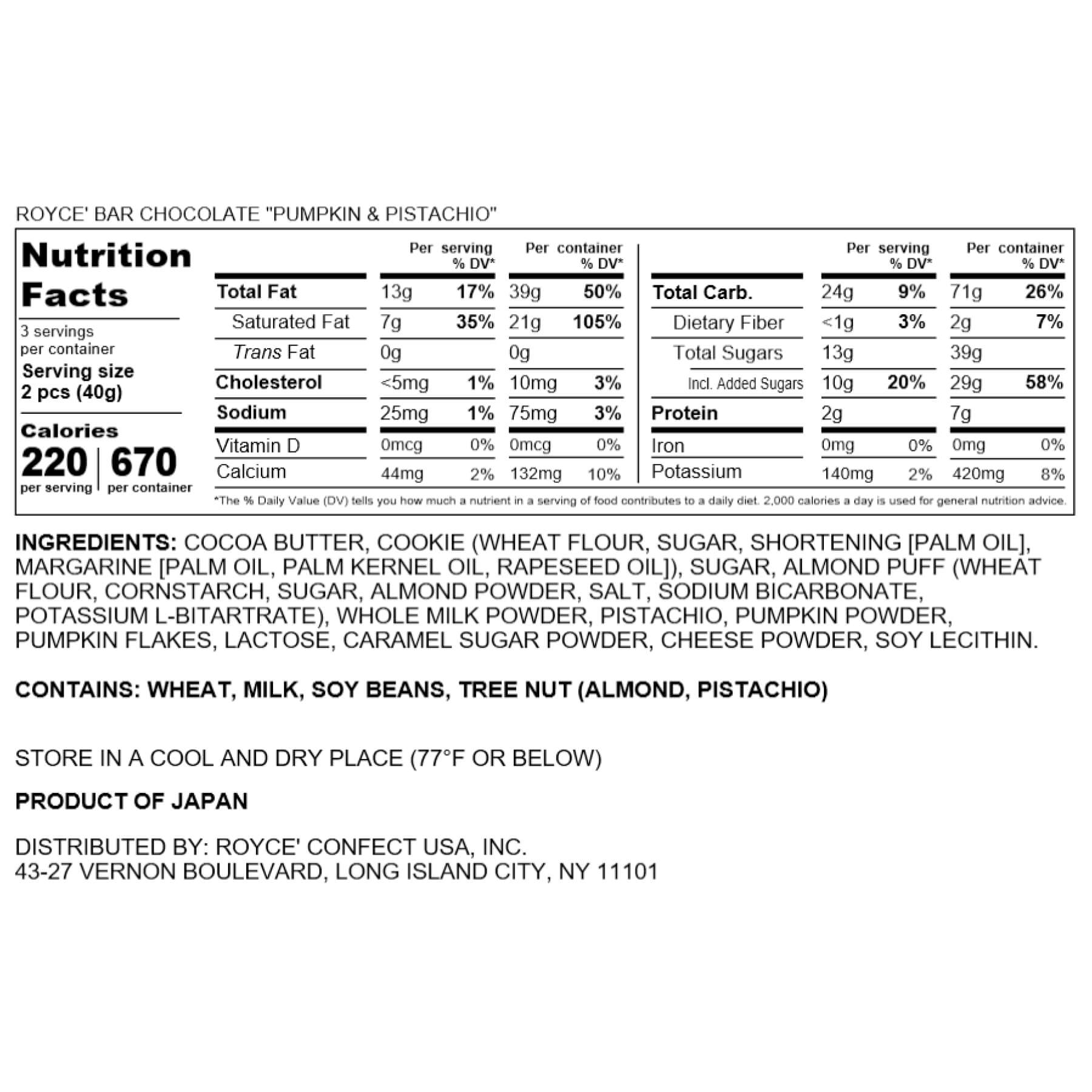 ROYCE' Chocolate - ROYCE’ Bar Chocolate “Pumpkin & Pistachio” - Nutrition Facts