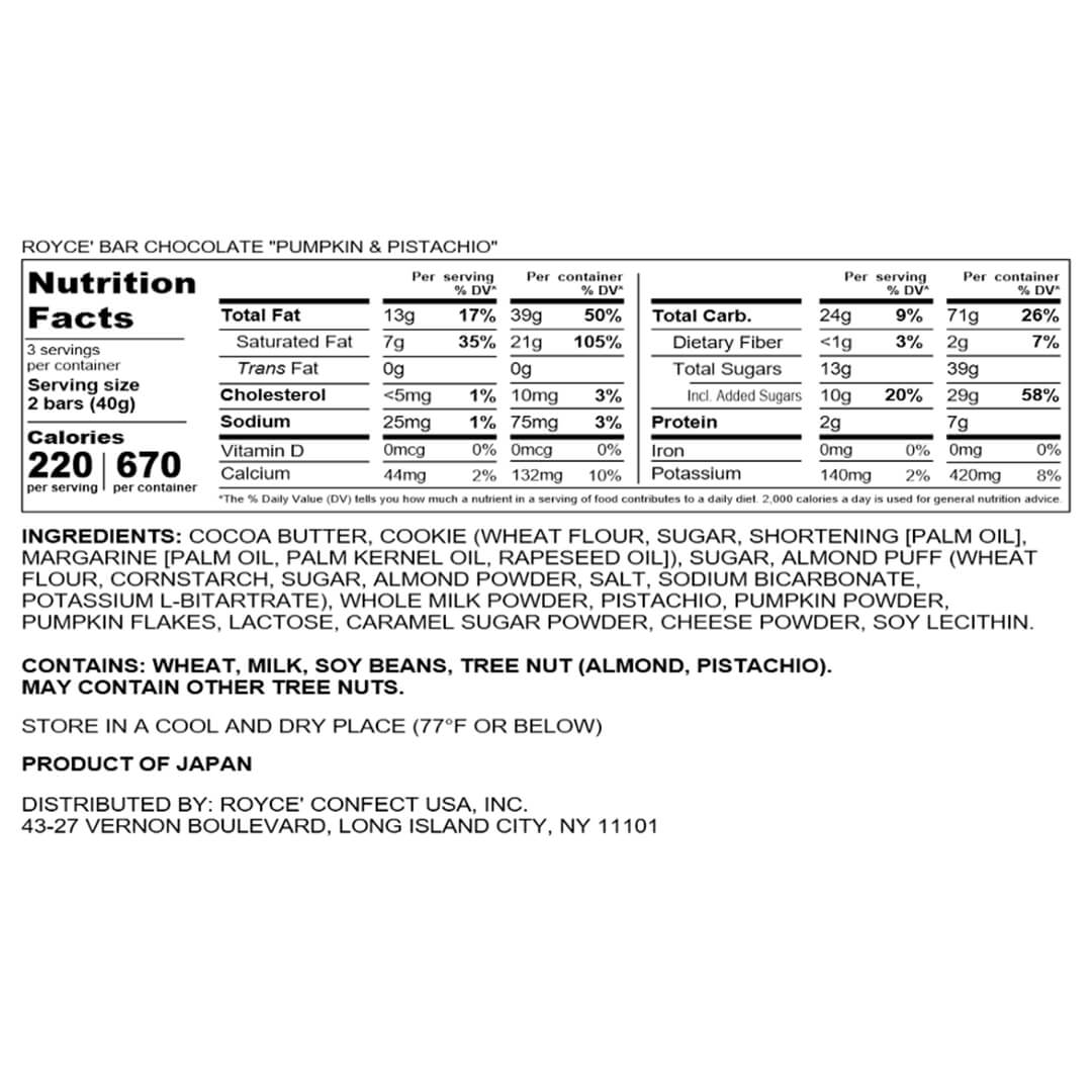 ROYCE' Chocolate - ROYCE’ Bar Chocolate “Pumpkin & Pistachio” - Nutrition Facts