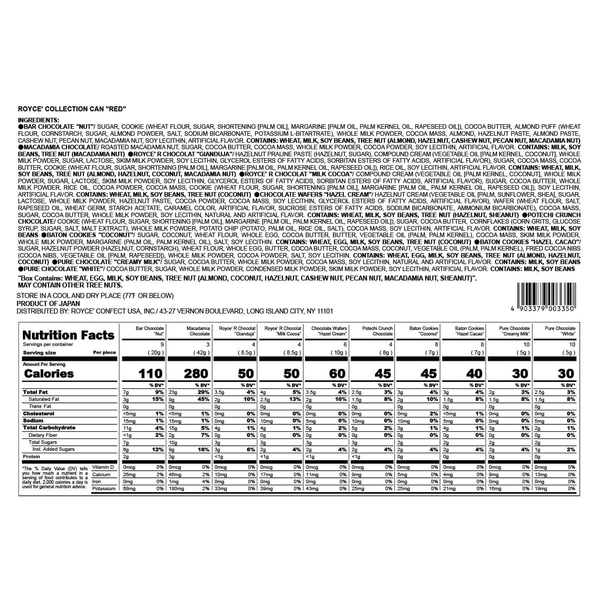 ROYCE' Chocolate - ROYCE' Collection Can "Red" - Nutrition Facts.