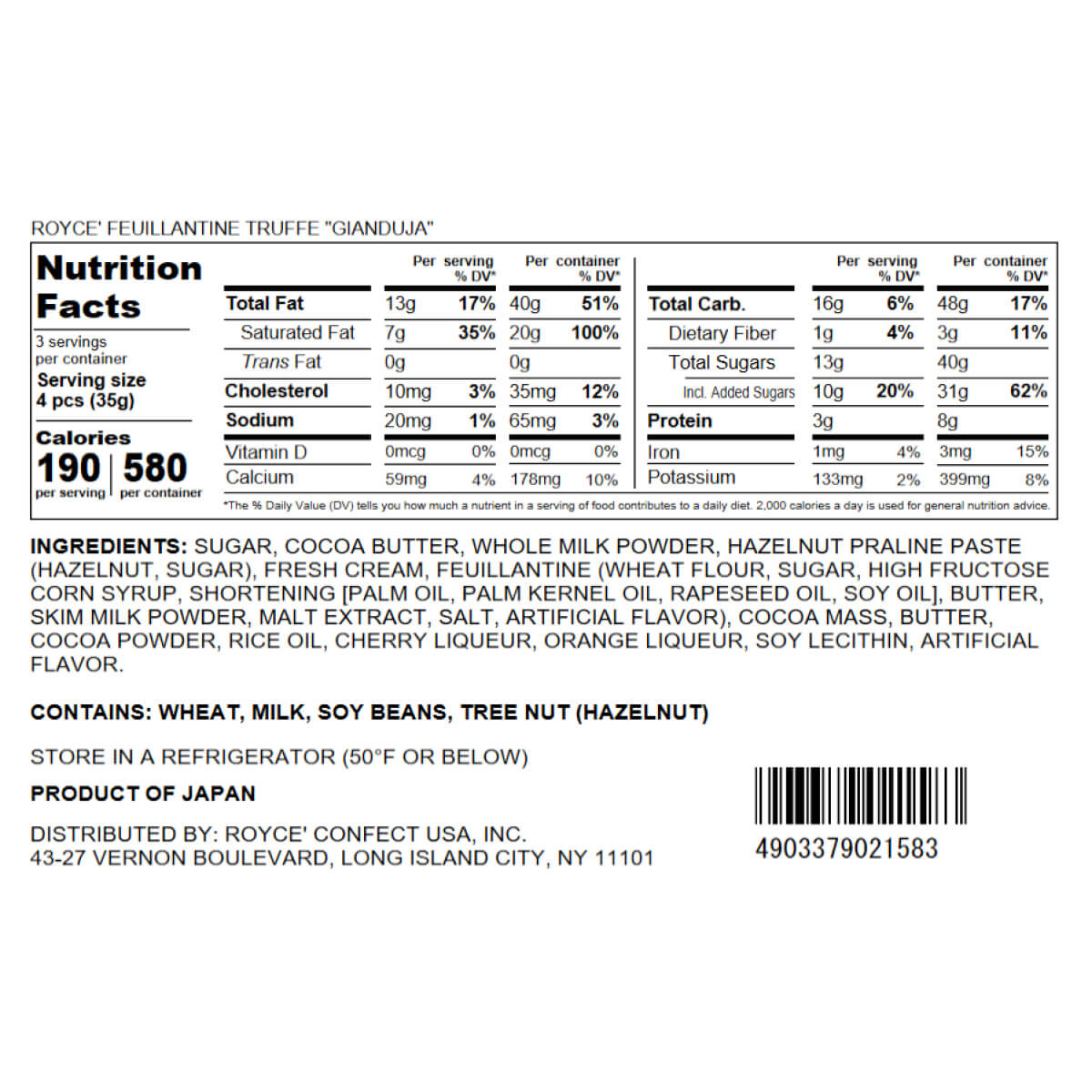 ROYCE' Chocolate - ROYCE’ Feuillantine Truffe “Gianduja” - Nutrition Facts