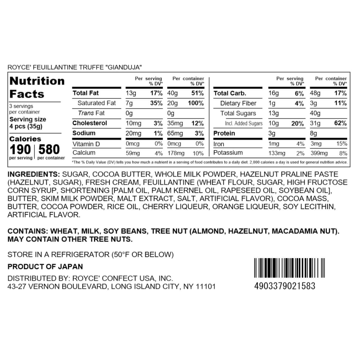 ROYCE' Chocolate - ROYCE’ Feuillantine Truffe “Gianduja” - Nutrition Facts