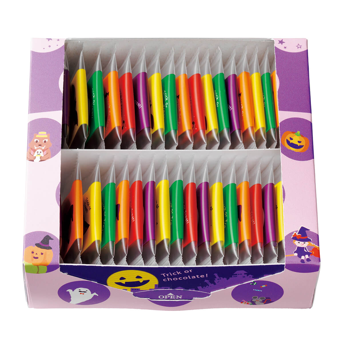 Image shows a printed box with various illustrations. Box inside has rows of individually-wrapped chocolates in wrappers of varying colors.