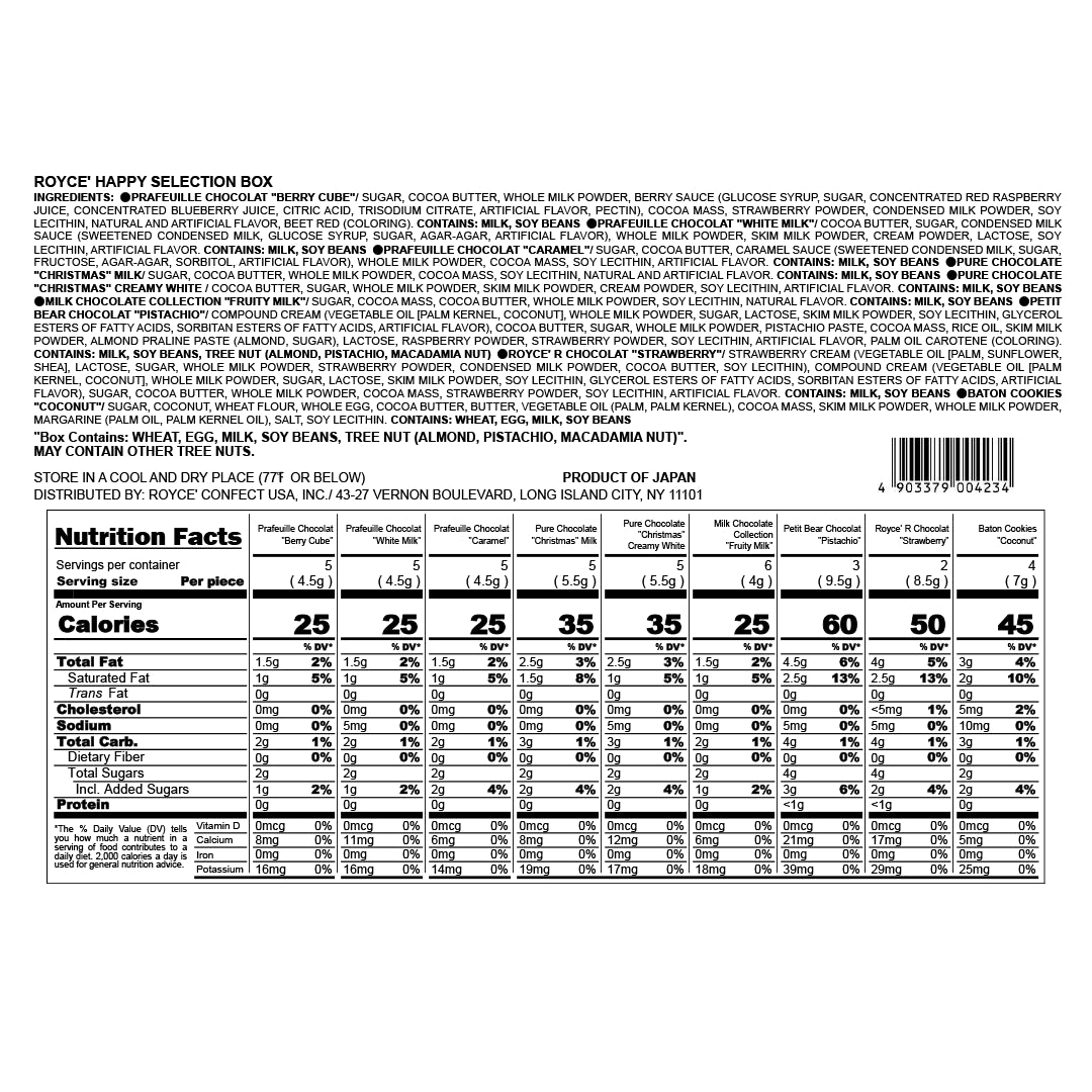 ROYCE' Happy Selection Box back label showing ingredients, nutrition facts, allergen warnings, and product details for holiday-themed chocolate assortment with 40 pieces.