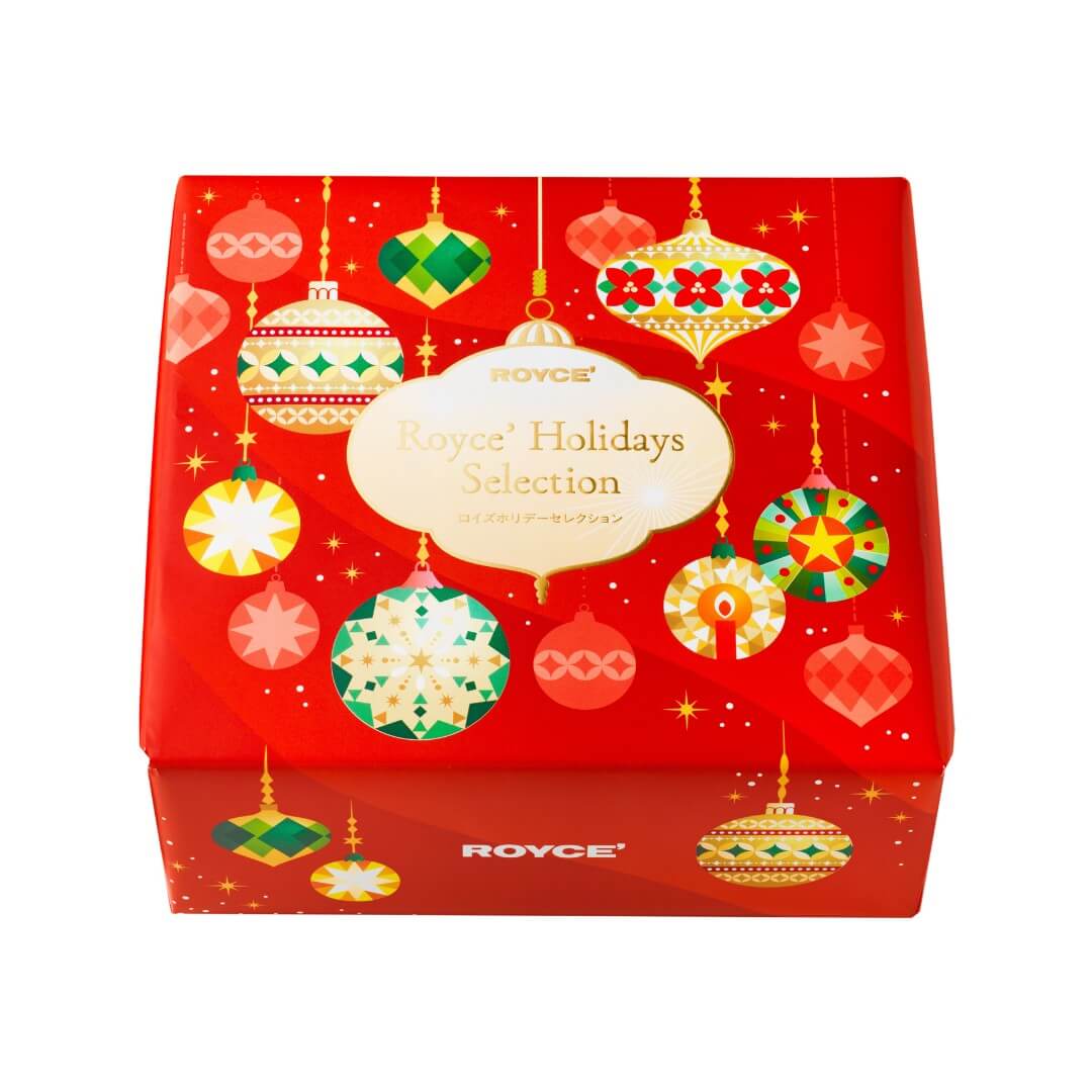 ROYCE' Chocolate - ROYCE' Holidays Selection (32 Pcs) - Image shows a printed red box with illustrations of decoration balls and lamps. Text says ROYCE' Holidays Selection. Background is in white.