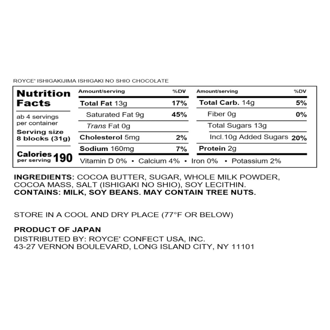 ROYCE' Ishigakijima Ishigaki no Shio Chocolate nutrition label showing calorie and ingredient details, highlighting sweetness and saltiness with Ishigaki no Shio salt.