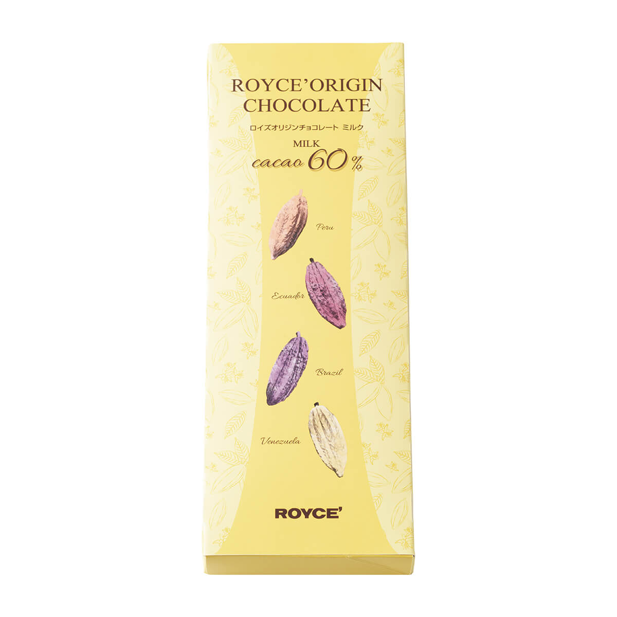 ROYCE' Chocolate - Image shows a printed yellow box with illustrations of cacao pods. Text says ROYCE' Origin Chocolate Milk Cacao 60% Peru, Ecuador, Brazil, and Venezuela.