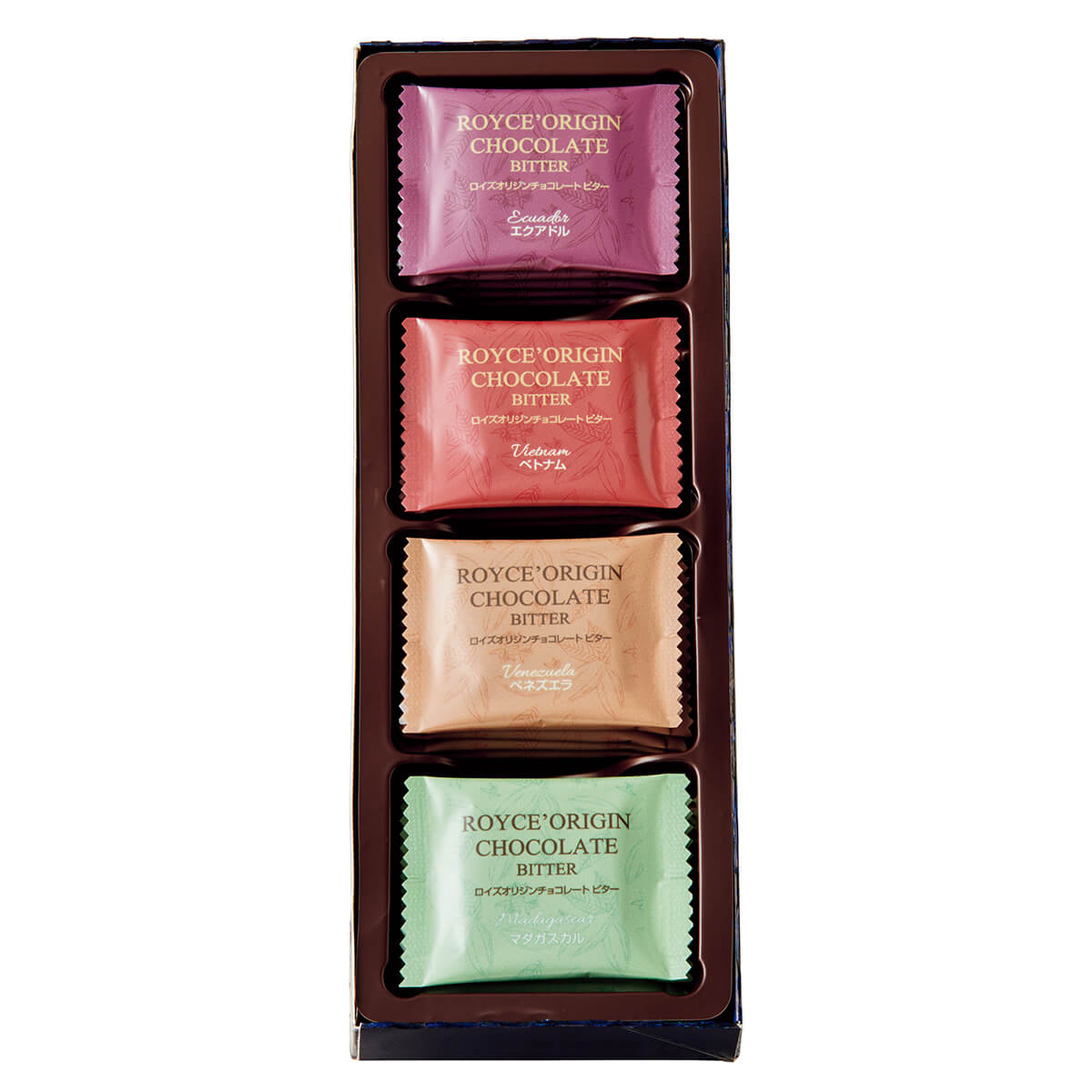 ROYCE' Chocolate - ROYCE' Origin Chocolate "Bitter" - Set of four ROYCE' Origin Chocolate "Bitter" packets in different colors on a white background.