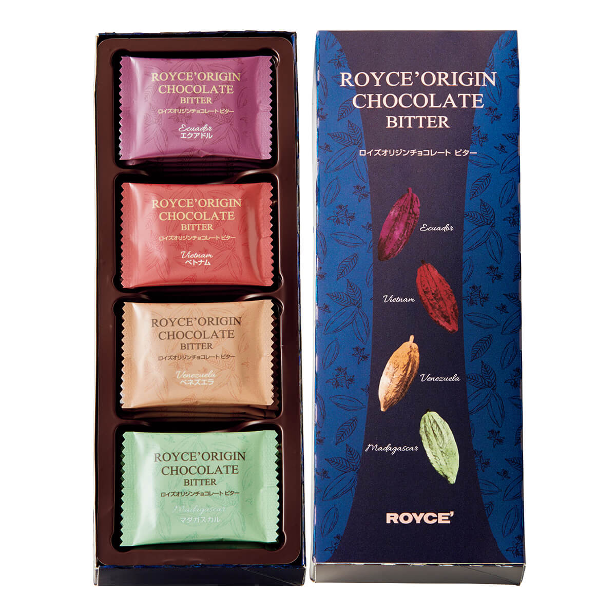 ROYCE' Chocolate - ROYCE' Origin Chocolate "Bitter" - ROYCE' Origin Chocolate "Bitter" packets in a display box with a blue packaging design.