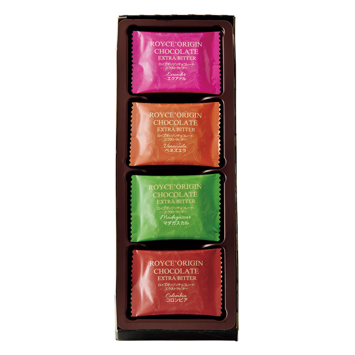 ROYCE' Chocolate - ROYCE' Origin Chocolate "Extra Bitter" - Set of four ROYCE' Origin Chocolate "Extra Bitter" packets in different colors on a white background.