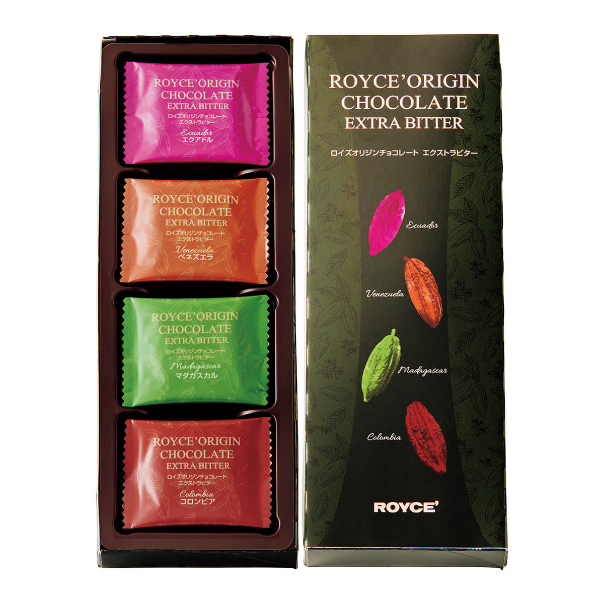 ROYCE' Chocolate - ROYCE' Origin Chocolate "Extra Bitter" - Box of ROYCE' Origin Chocolate "Extra Bitter" with packaging details on a white background