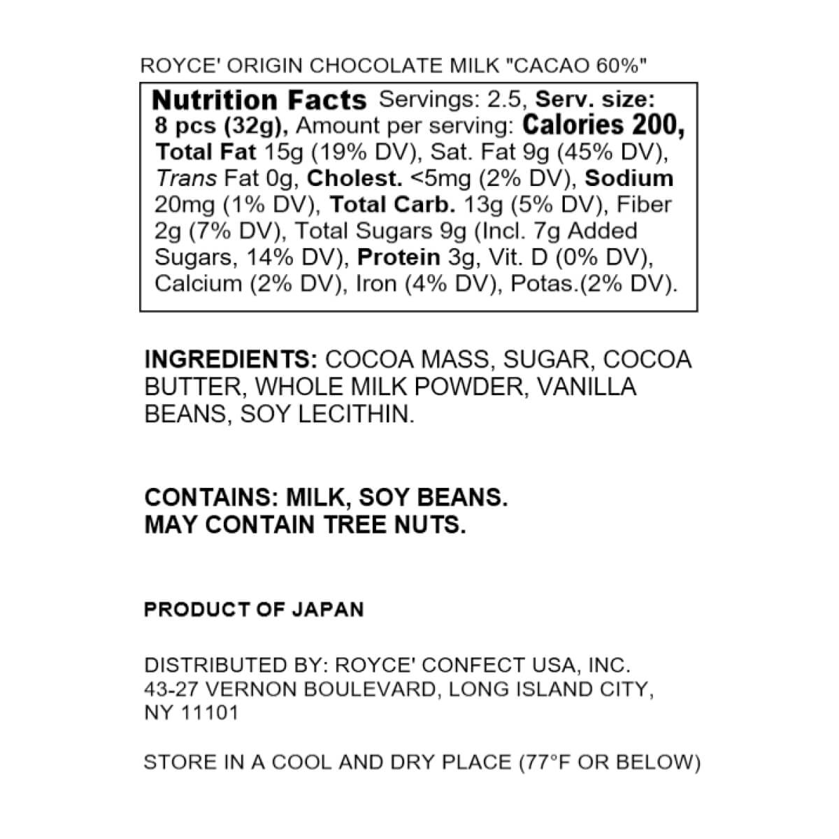 ROYCE' Chocolate - ROYCE' Origin Chocolate "Cacao 60%" Nutrition Facts.
