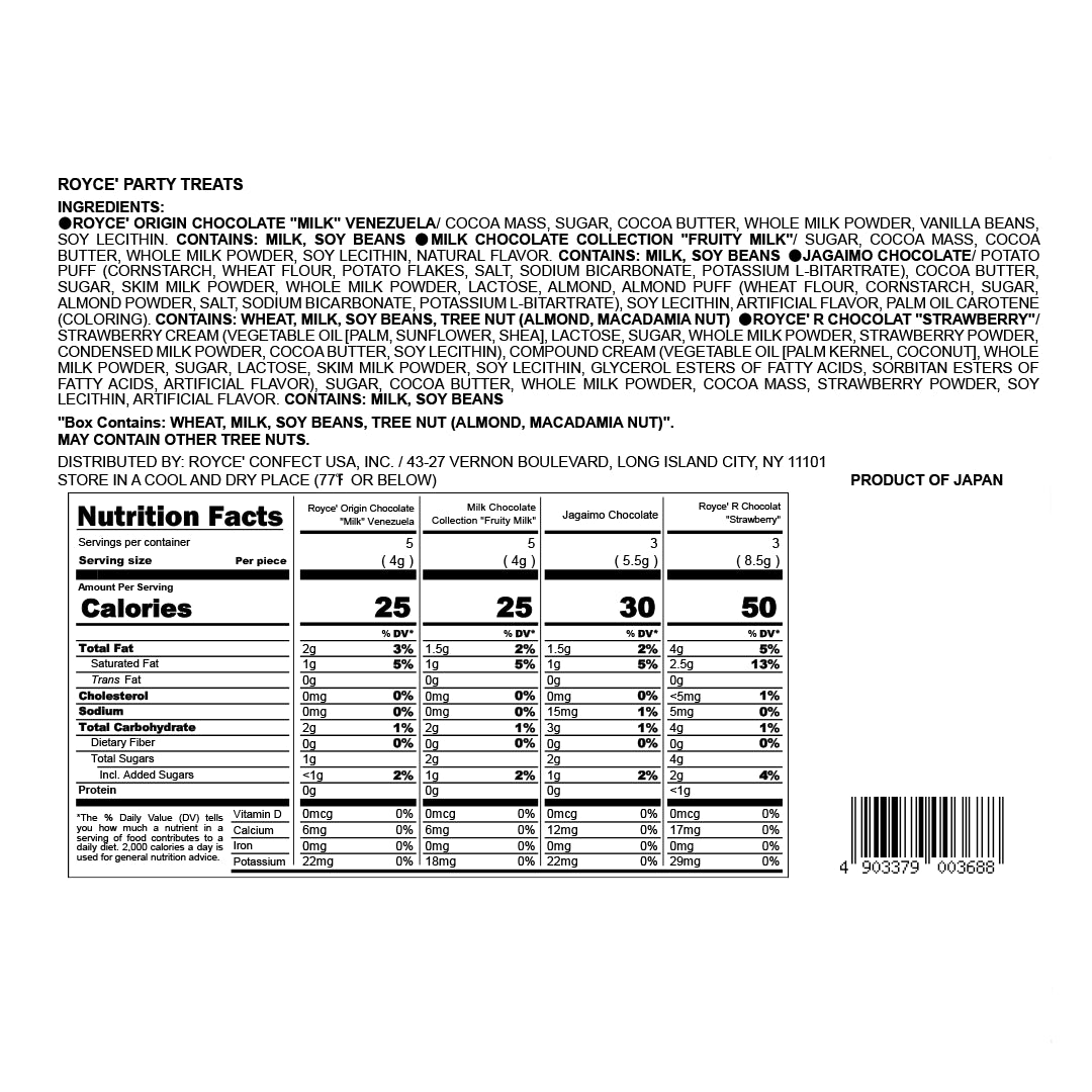 ROYCE' Party Treats label showing ingredients, allergens, nutrition facts, distributor info, barcode, and product of Japan label for assorted chocolates and potato puffs.