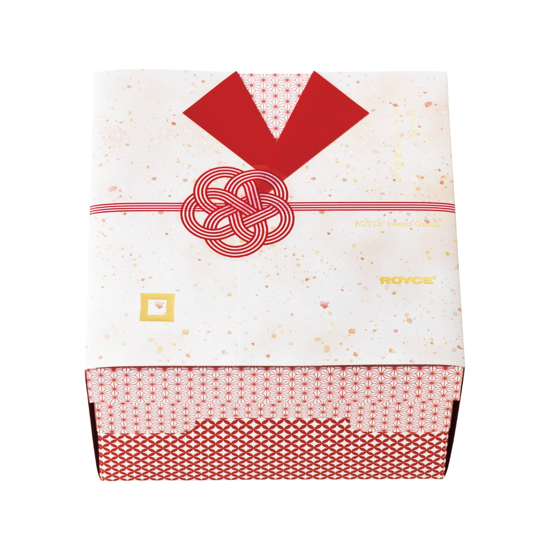 ROYCE' Sweets Osechi - Image shows a printed box with geometrical illustrations in red. Gold text says ROYCE'.