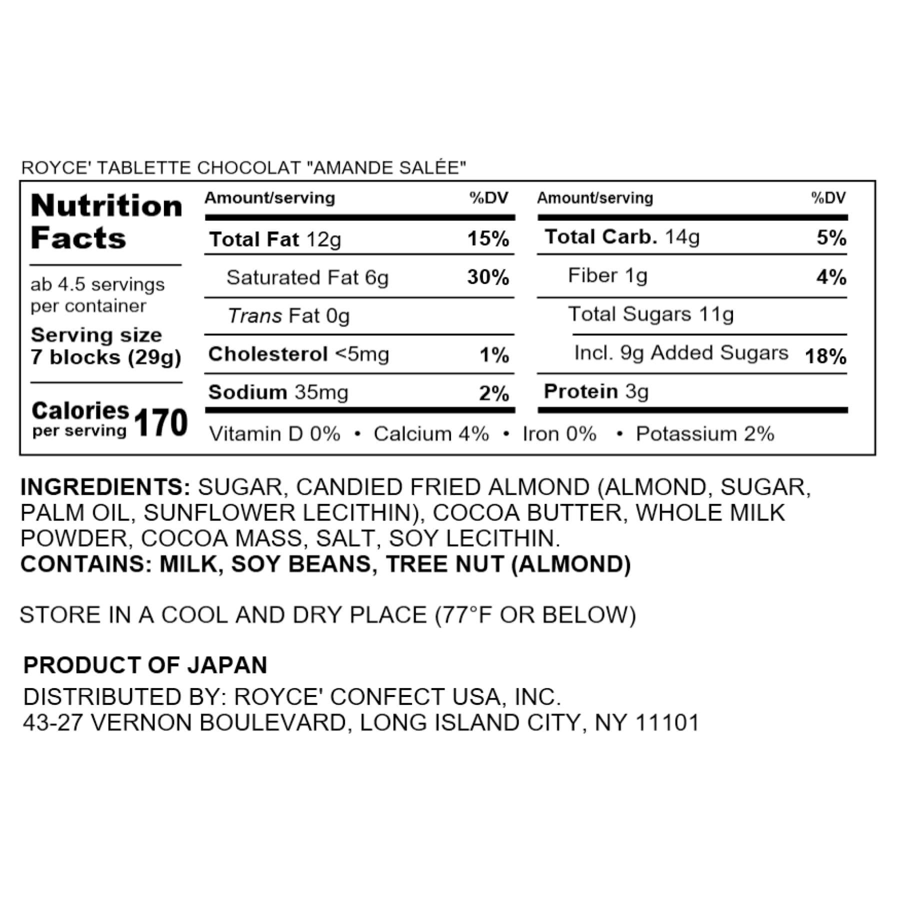 ROYCE' Chocolate - ROYCE' Tablette Chocolat "Amande Salée" - Nutrition Facts 2023