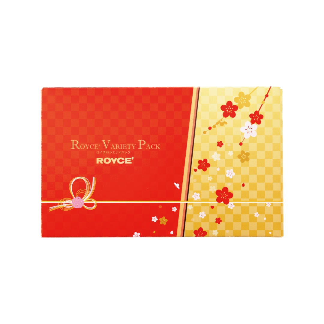 ROYCE' Variety Pack New Year - Image shows a printed box in red and yellow with illustrations of flowers. Text says ROYCE' Variety Pack ROYCE'.