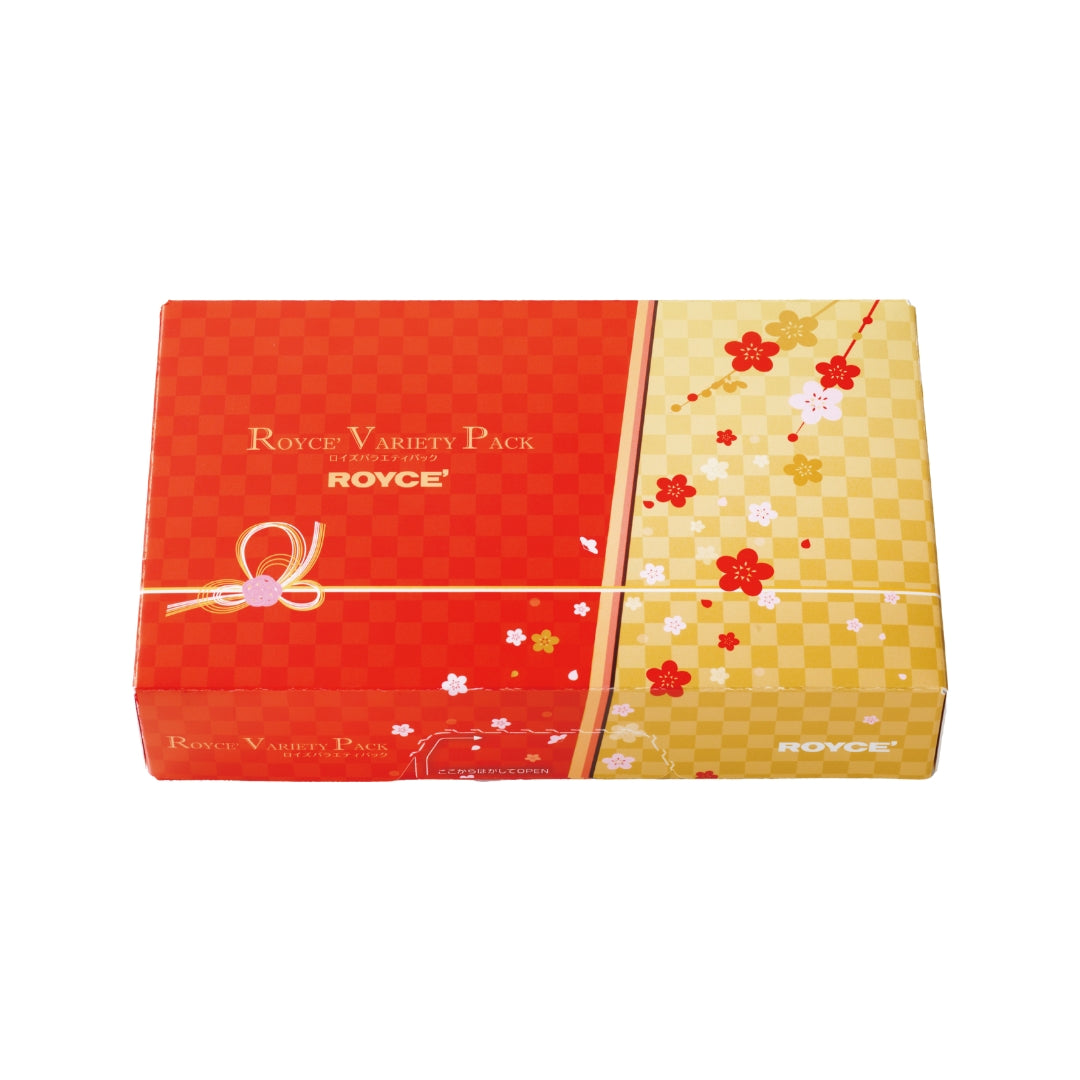 ROYCE' Variety Pack New Year - Image shows a printed box in red and yellow with illustrations of flowers. Text says ROYCE' Variety Pack ROYCE'.