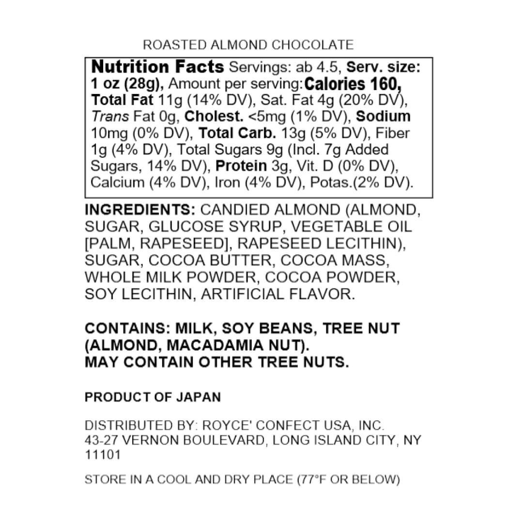 ROYCE' Chocolate - Roasted Almond Chocolate - Nutrition Facts 2025