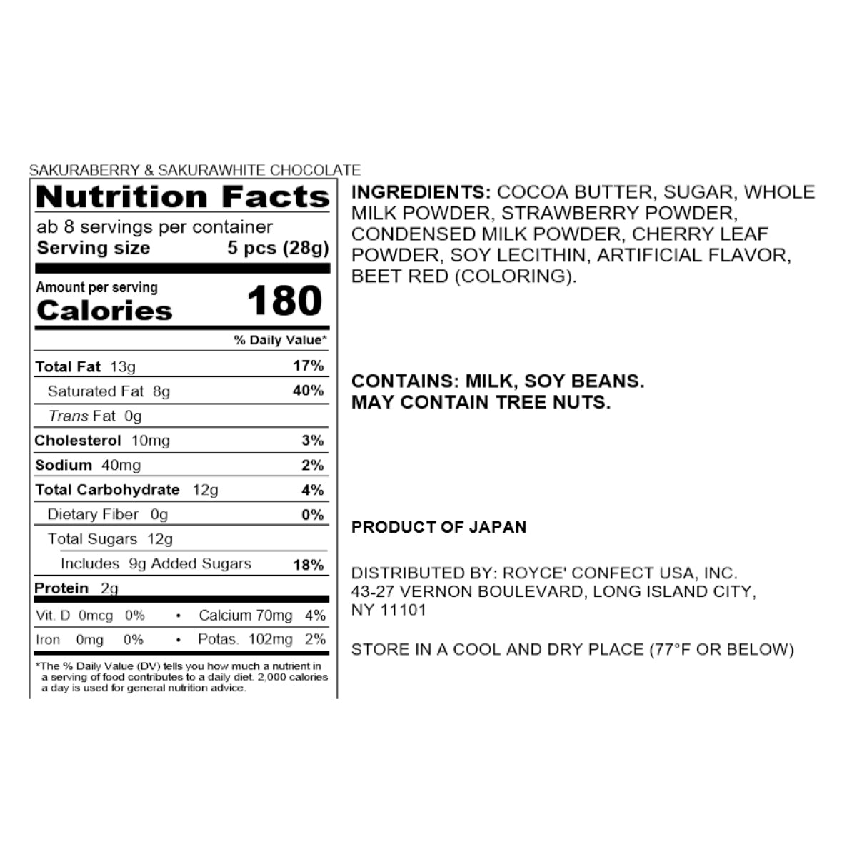 ROYCE' Chocolate - Sakuraberry & Sakurawhite Chocolate - Nutrition Facts 2026