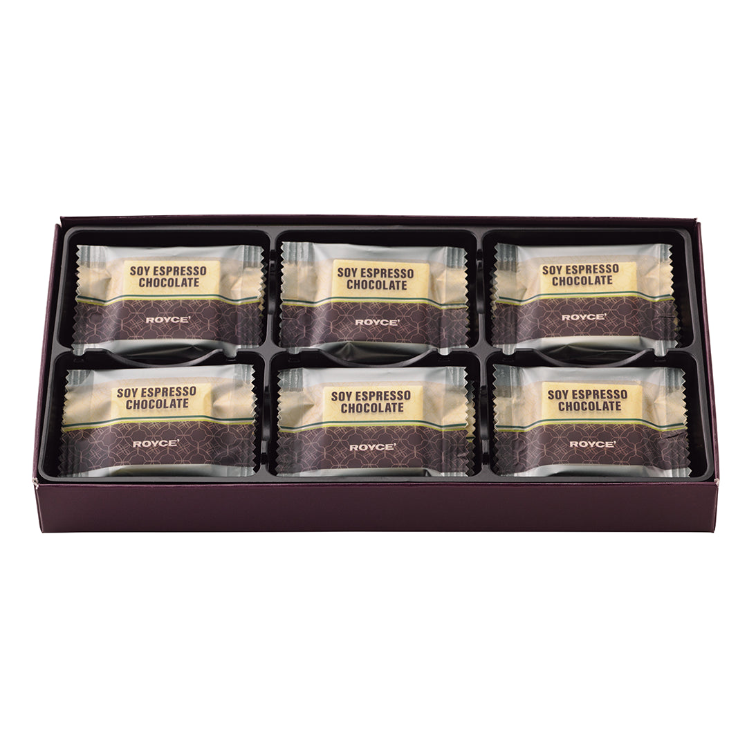 Soy Espresso Chocolate - Image shows an open box with individually-wrapped chocolates. Text on wrapper says Soy Espresso Chocolate ROYCE'.