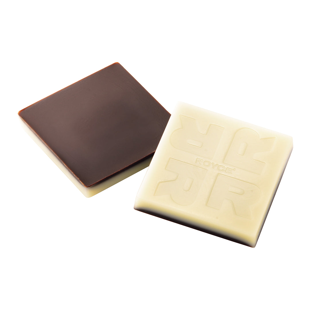 Soy Espresso Chocolate - Image shows two-layered chocolate squares in brown and white.