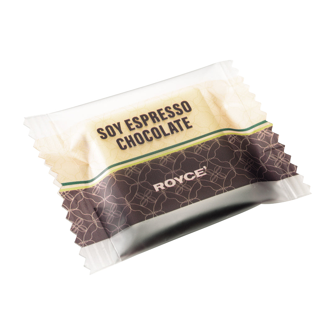 Soy Espresso Chocolate - Image shows a packaged wrapped chocolate square. Text says Soy Espresso Chocolate.