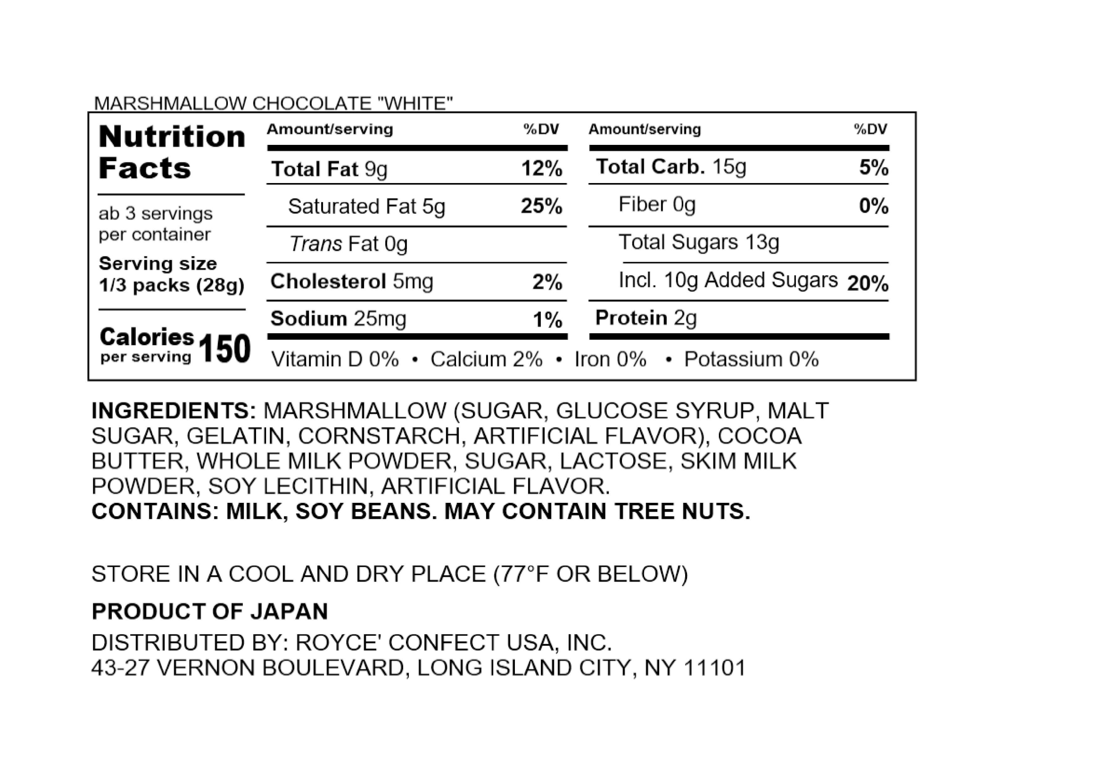 ROYCE' Chocolate - Marshmallow Chocolate "White" - Nutrition Facts