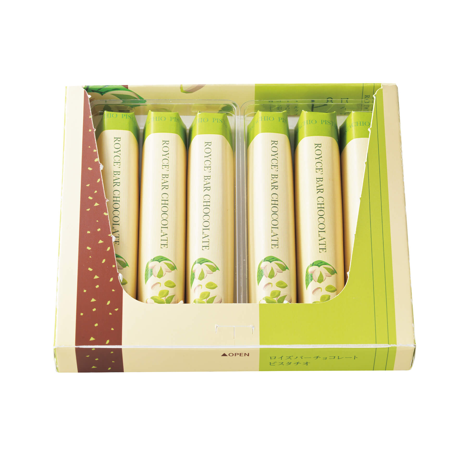 ROYCE' Chocolate - ROYCE' Bar Chocolate "Pistachio" - Image shows an open box in green, yellow, and brown with wrapped chocolate bars inside. Text seen says ROYCE' Bar Chocolate Open. Background is in white.