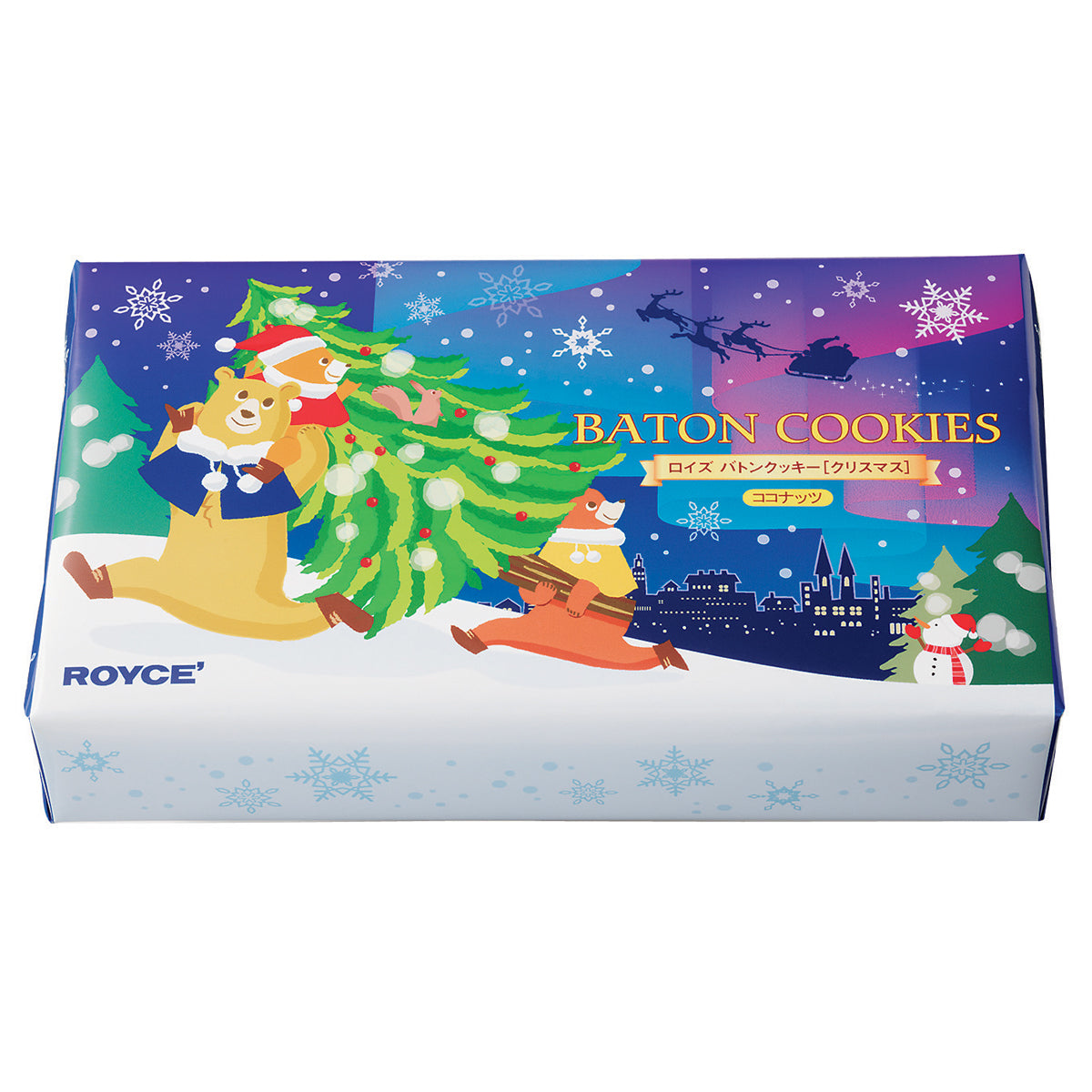 Image shows a blue box with illustrations of snowflakes, bears, trees, a cityscape, and a snowman. Text says Baton Cookies ROYCE'.