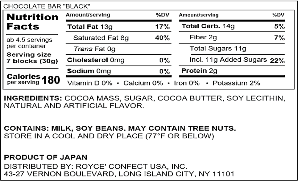 ROYCE' Chocolate - Chocolate Bar "Black" - Nutrition Facts