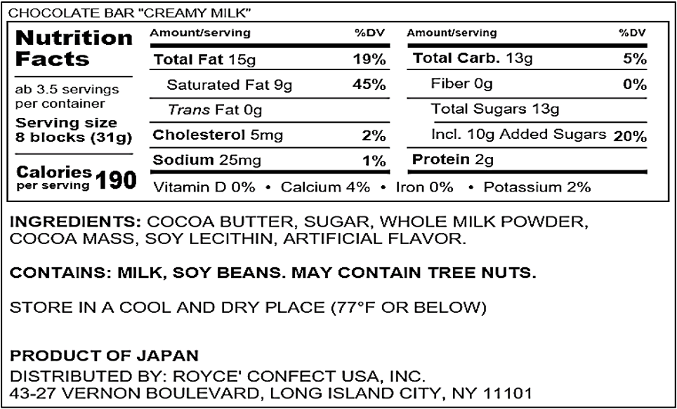 ROYCE' Chocolate - Chocolate Bar "Creamy Milk" - Nutrition Facts