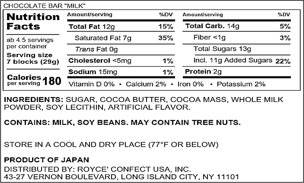 ROYCE' Chocolate - Chocolate Bar "Milk" - Nutrition Facts