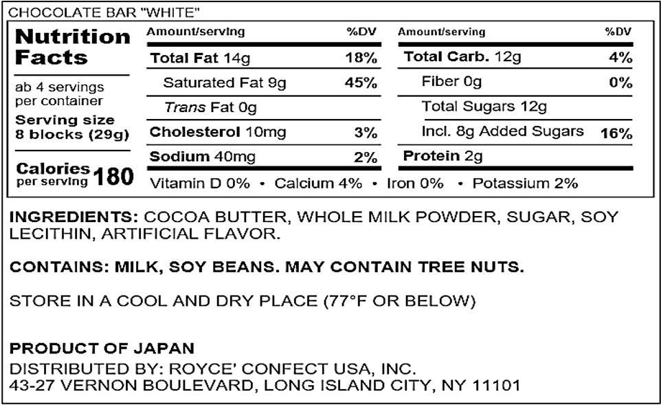 ROYCE' Chocolate - Chocolate Bar "White" - Nutrition Facts