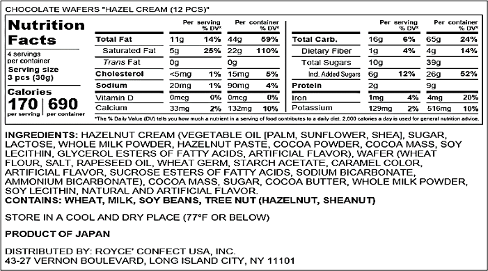 ROYCE' Chocolate - Chocolate Wafers "Hazel Cream" - Nutrition Facts