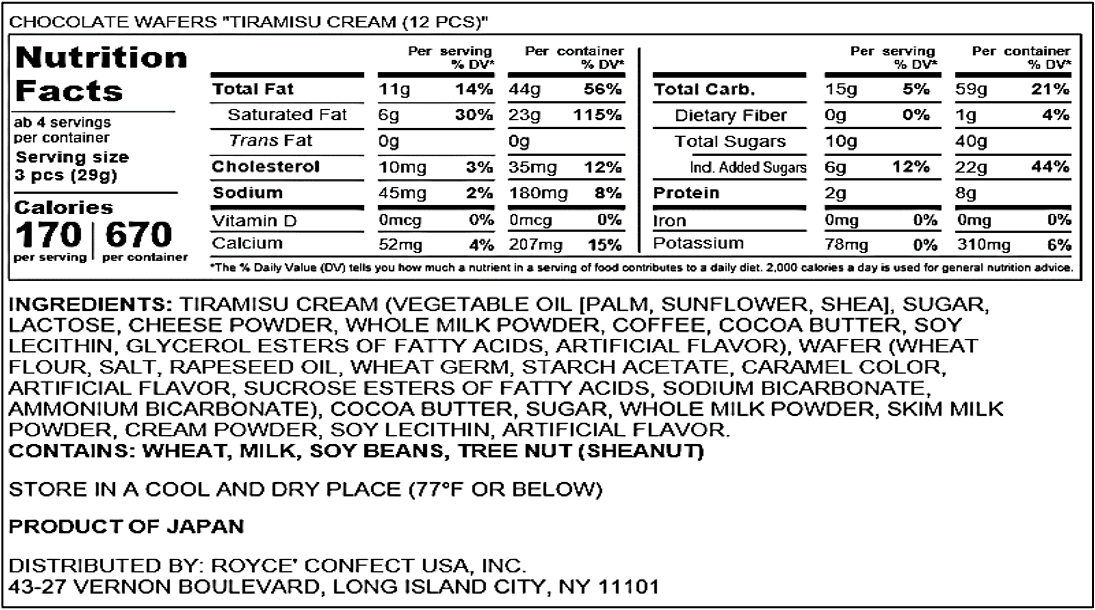 ROYCE' Chocolate - Chocolate Wafers "Tiramisu Cream" - Nutrition Facts