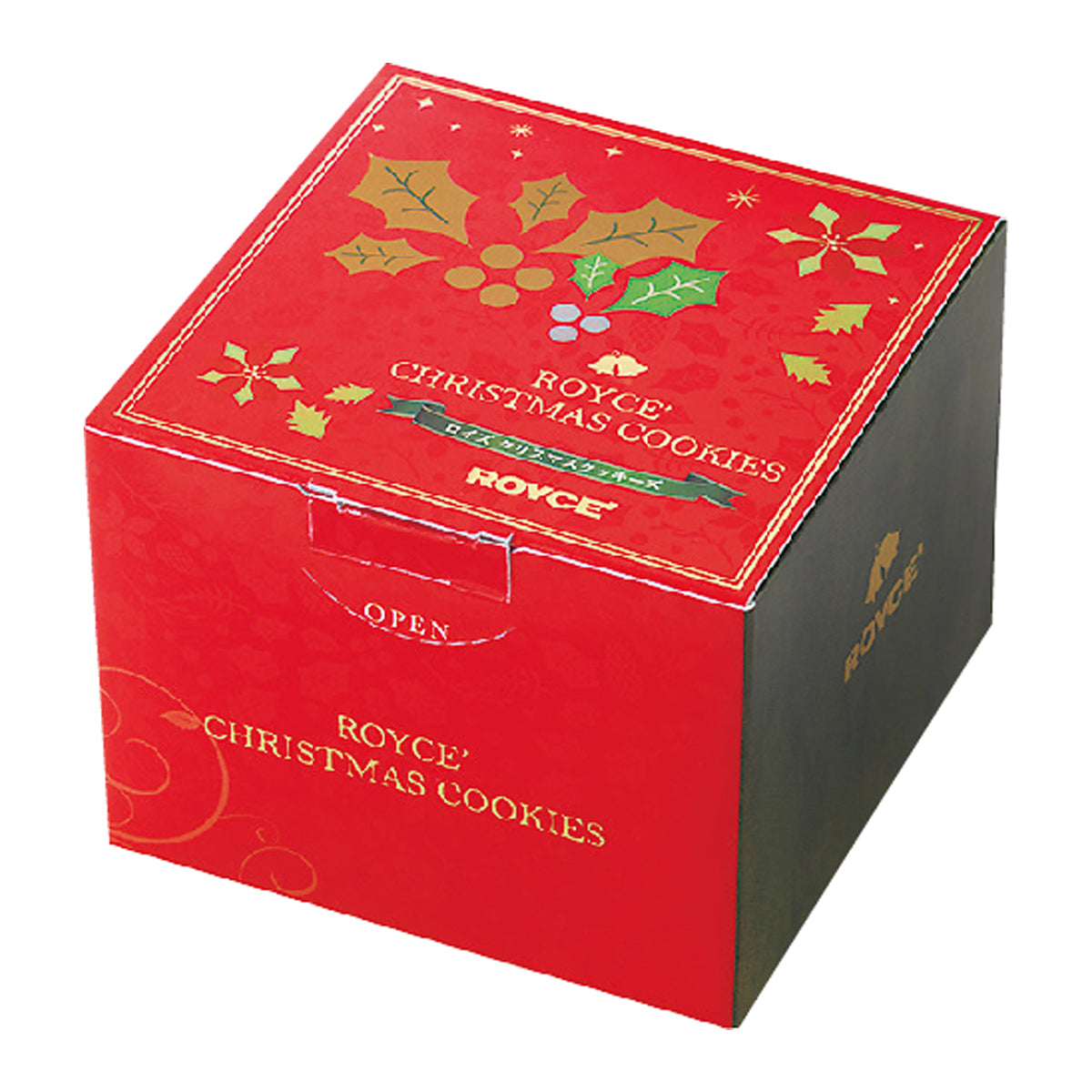Christmas Cookies 6 Pcs - Image shows a red and green box that has gold, grey, and green prints of balls, snowflakes, and leaves. Text above says ROYCE' Christmas Cookies ROYCE'. Text below says Open ROYCE' Christmas Cookies. Text on side says ROYCE'.